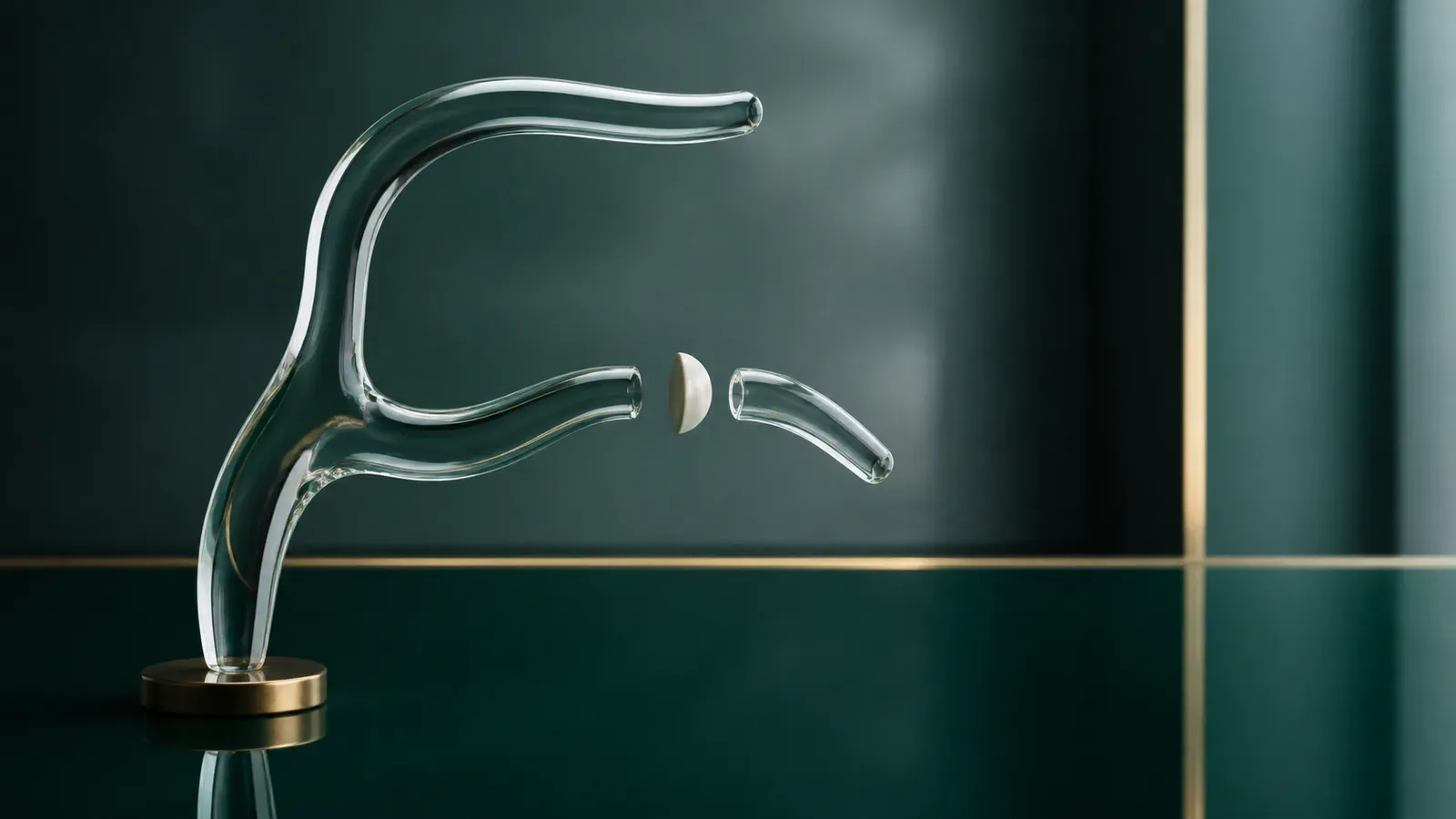 Emerald-toned glass sculpture showing one continuous channel and one interrupted channel with an ivory insert