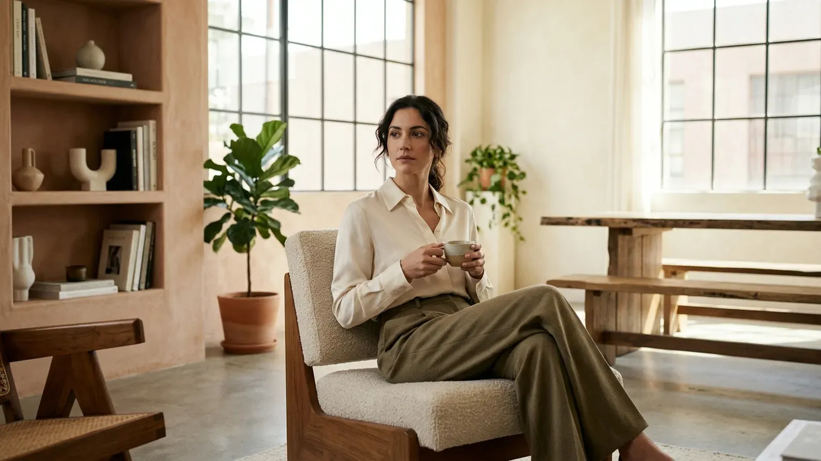 Serene woman sitting in a sunlit consultation room discussing hysteroscopy indications