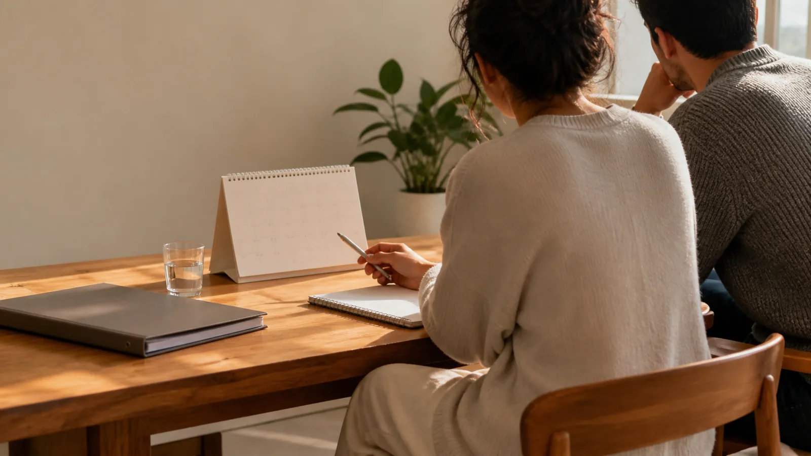 Couple consultant un calendrier et des notes avant un bilan de fertilité