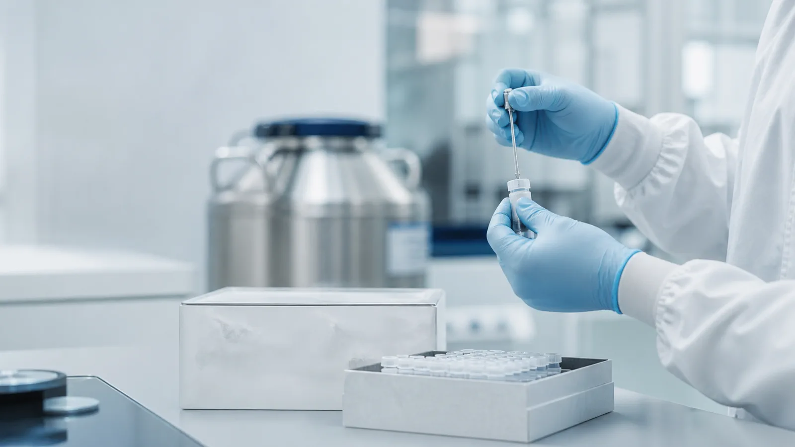Embryologiste manipulant un dispositif de cryoconservation près d’une cuve d’azote liquide