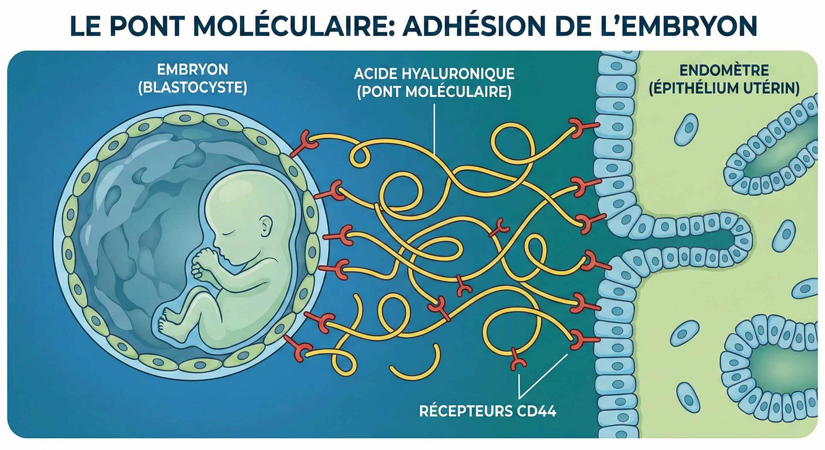 Schéma du mécanisme d'action de l'EmbryoGlue montrant la liaison CD44 et l'acide hyaluronique facilitant l'implantation.