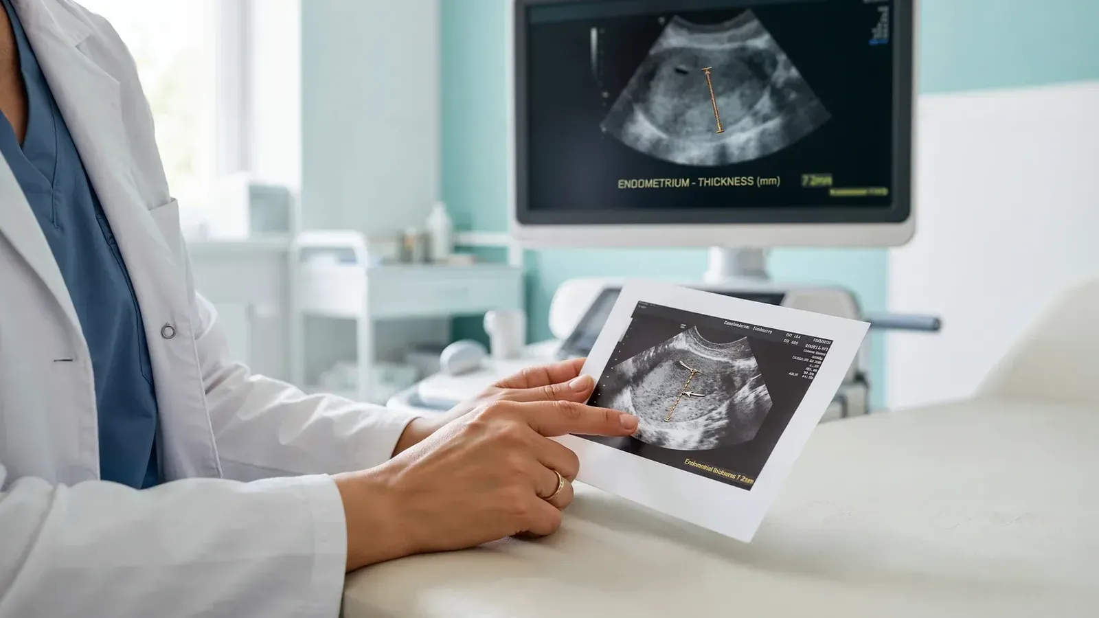 Soft clinical ultrasound setting suggesting endometrial assessment before embryo transfer, without graphic medical imagery