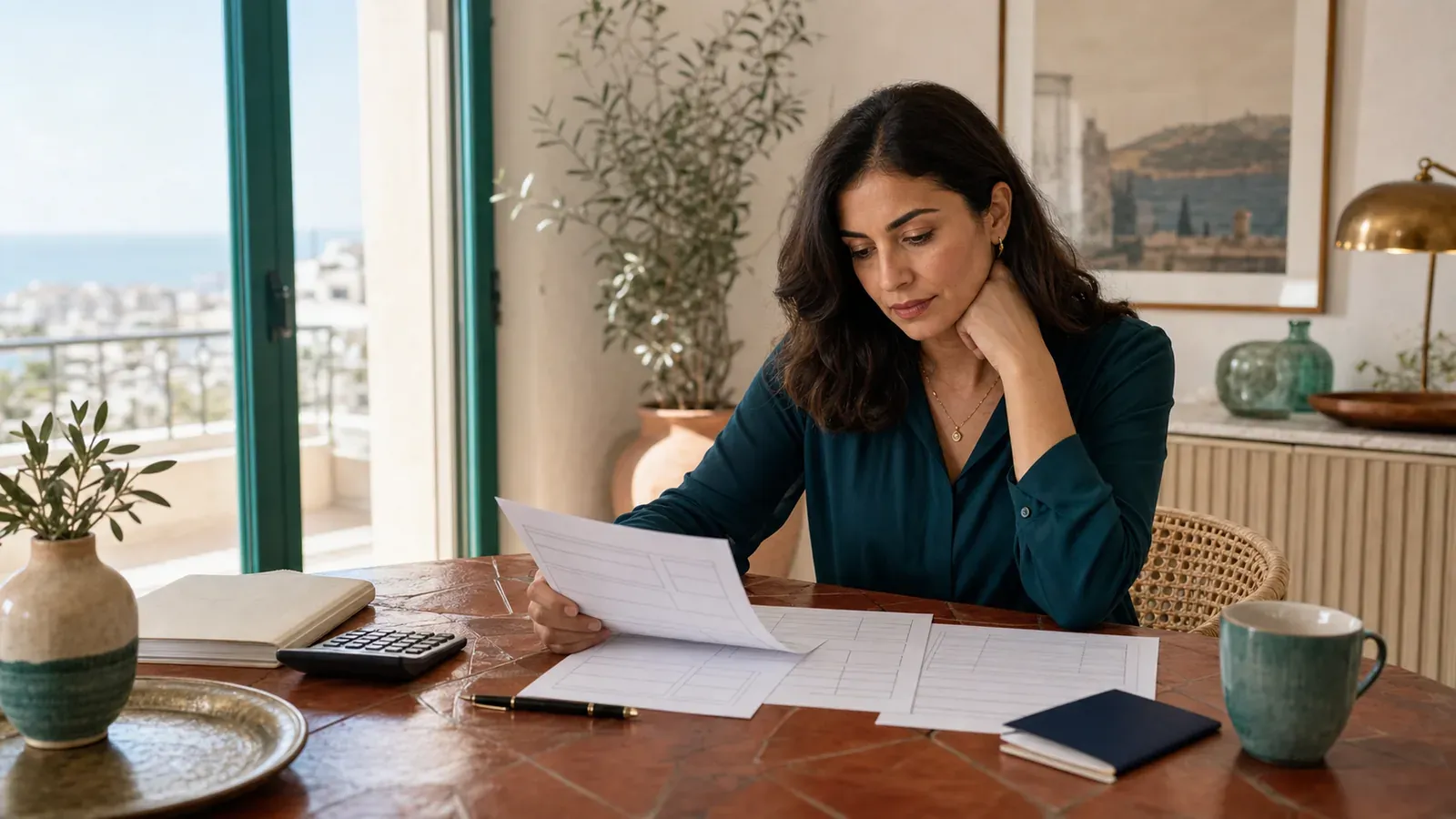 امرأة تراجع أوراق تخطيط العلاج والتكاليف على طاولة في منزل مضاء طبيعيًا
