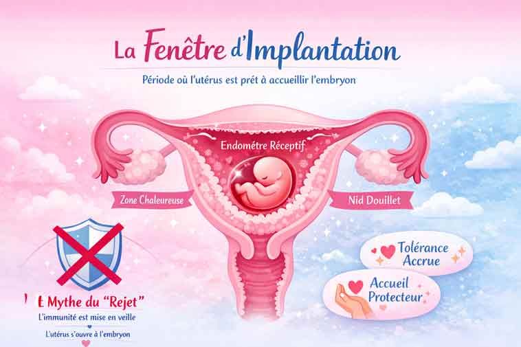 Infographic explaining the embryonic implantation window in IVF and debunking the myth of immune rejection.