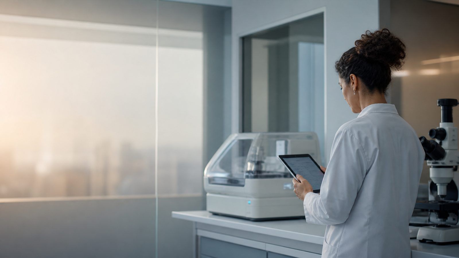 Embryologist reviewing laboratory records beside an IVF incubator