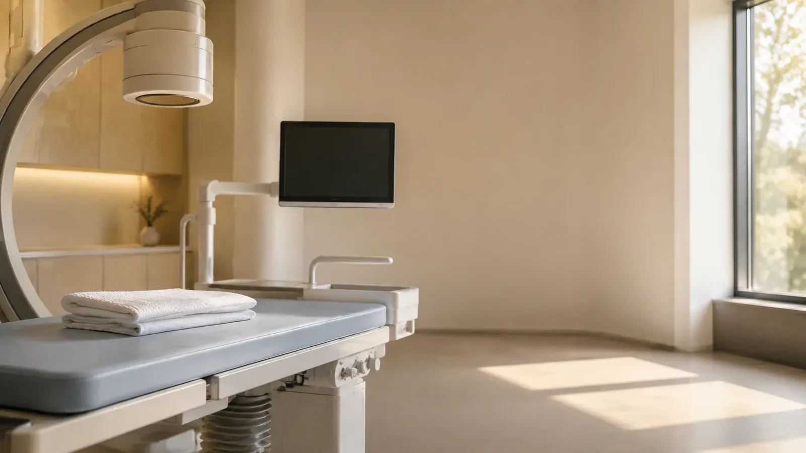 Empty diagnostic imaging room in soft morning light, with a fluoroscopy unit and folded linen on the examination table
