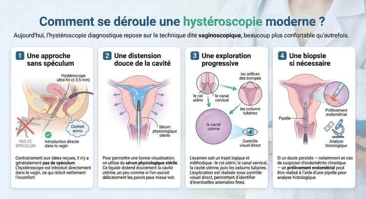 Schéma montrant le déroulement d'une hystéroscopie diagnostique par voie vaginoscopique sans spéculum