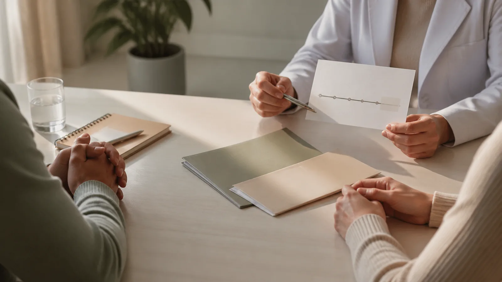 Fertility clinician discussing a diagnostic plan with a couple at a consultation table