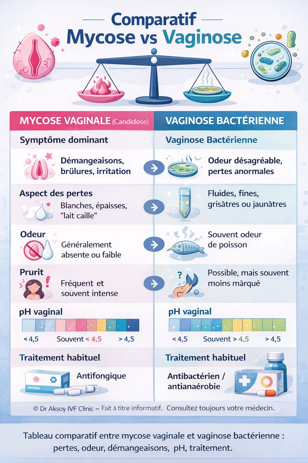 Tableau comparatif entre mycose vaginale et vaginose bactérienne : pertes, odeur, démangeaisons, pH, traitement.