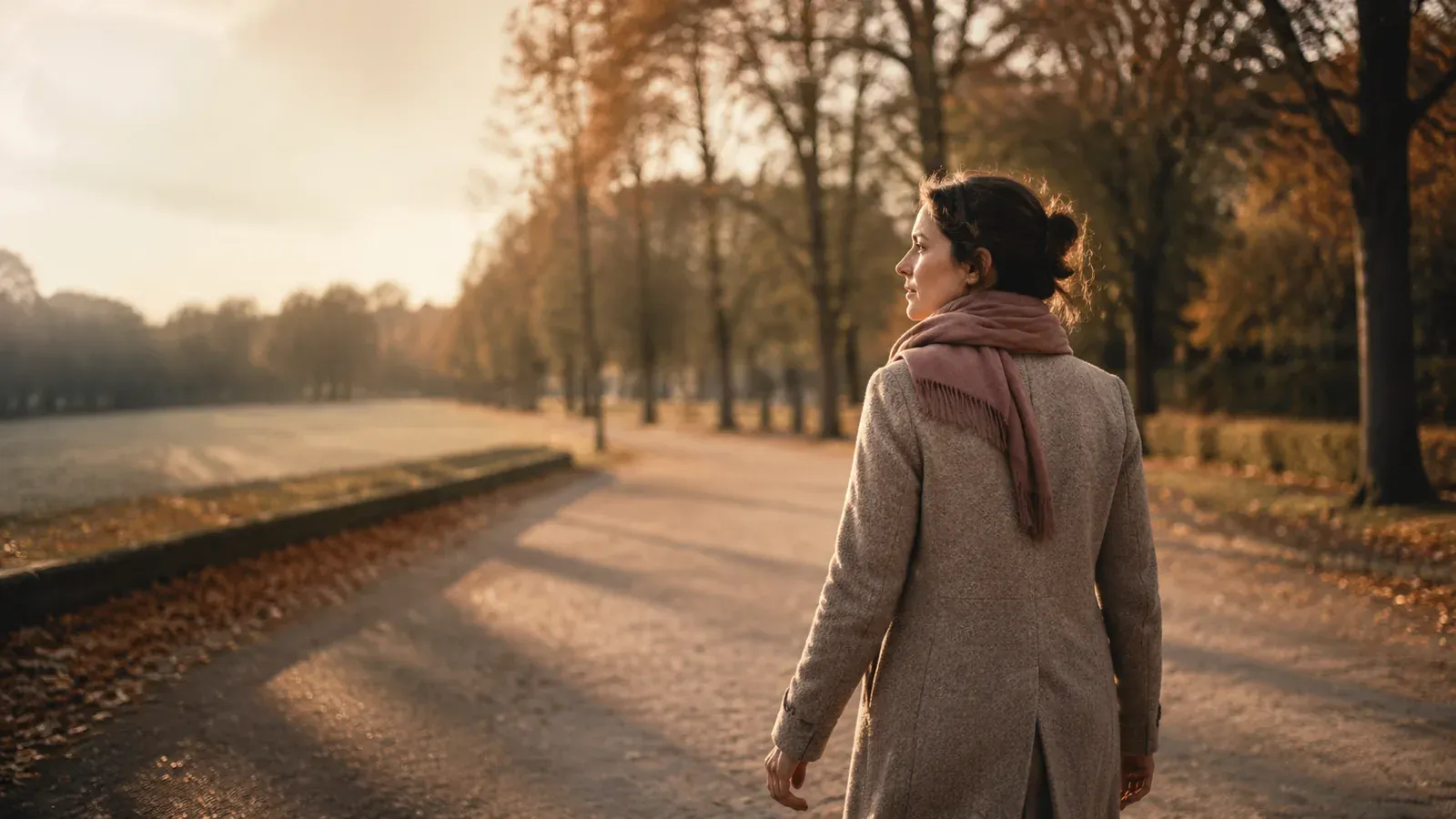 Woman walking along a tree-lined path in late-afternoon autumn light, seen from behind