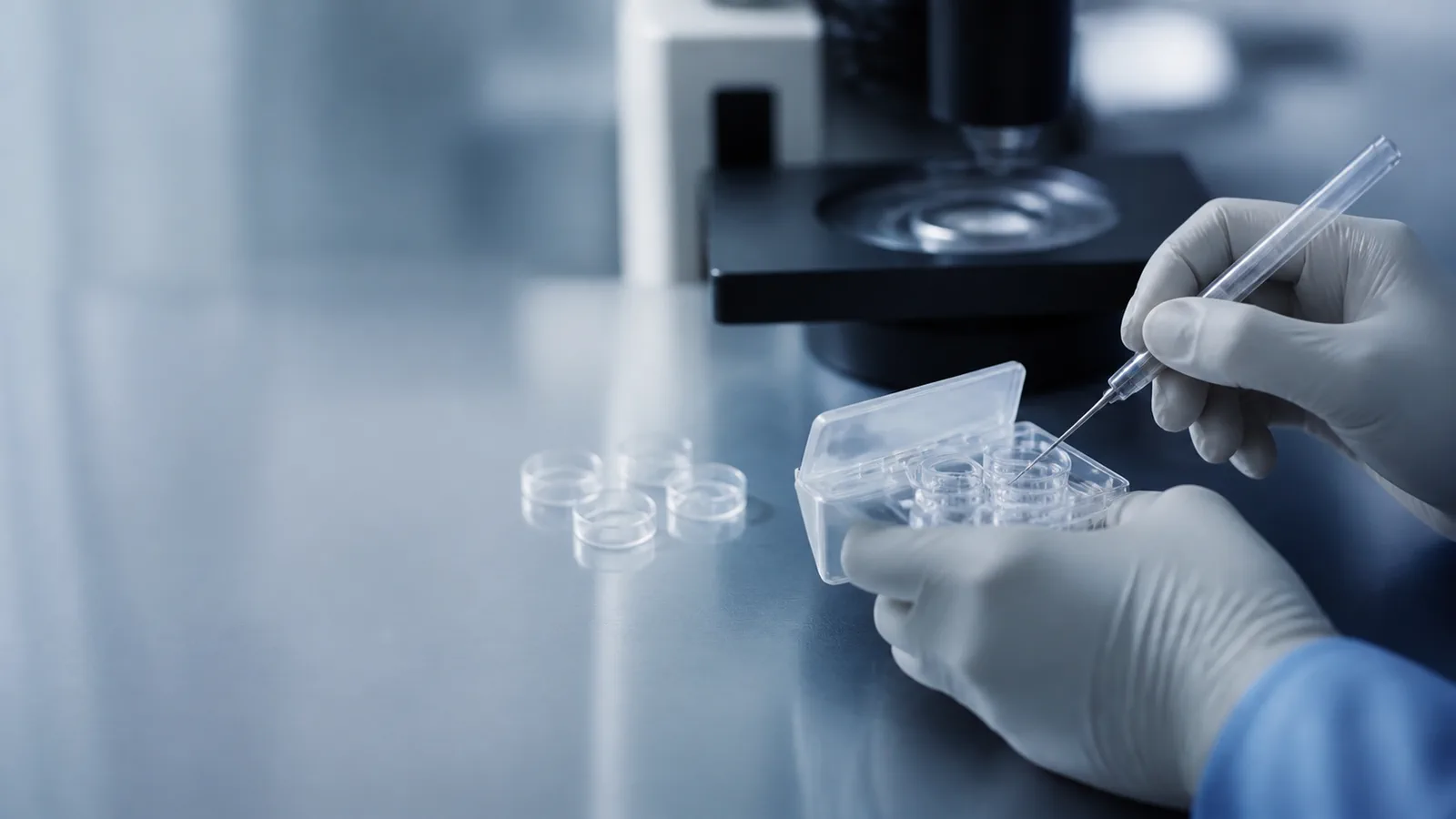 Embryologiste réalisant un geste de laboratoire précis près d’un microscope