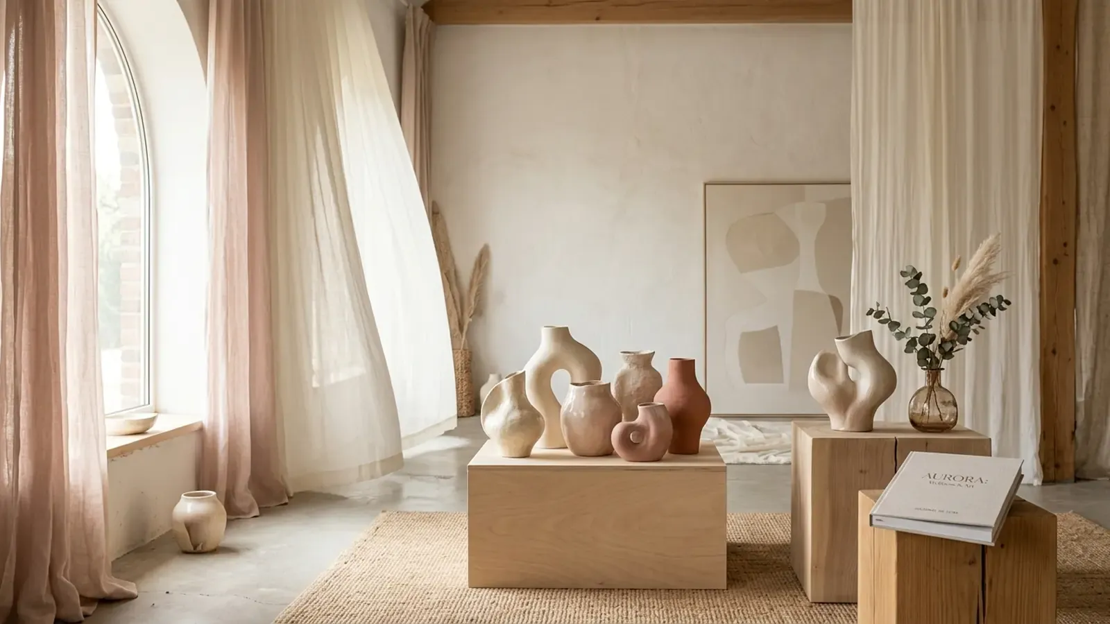 Atelier d'art lumineux et minimaliste présentant des vases en céramique artisanale sur des socles en bois près de rideaux en lin drapés et d'une fenêtre cintrée.
