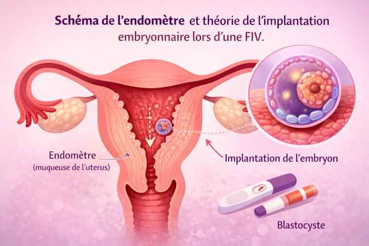 Schéma de l'endomètre et théorie de l'implantation embryonnaire lors d'une FIV.