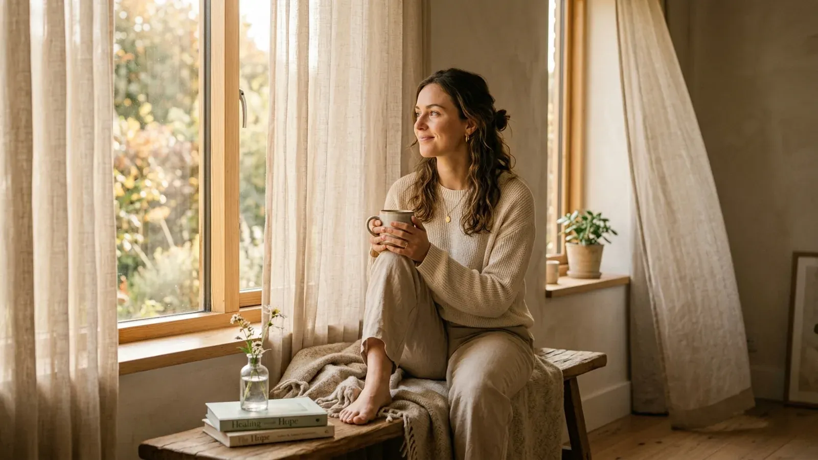 A thoughtful woman by a sunlit window reflecting on emotional recovery and future pregnancy planning