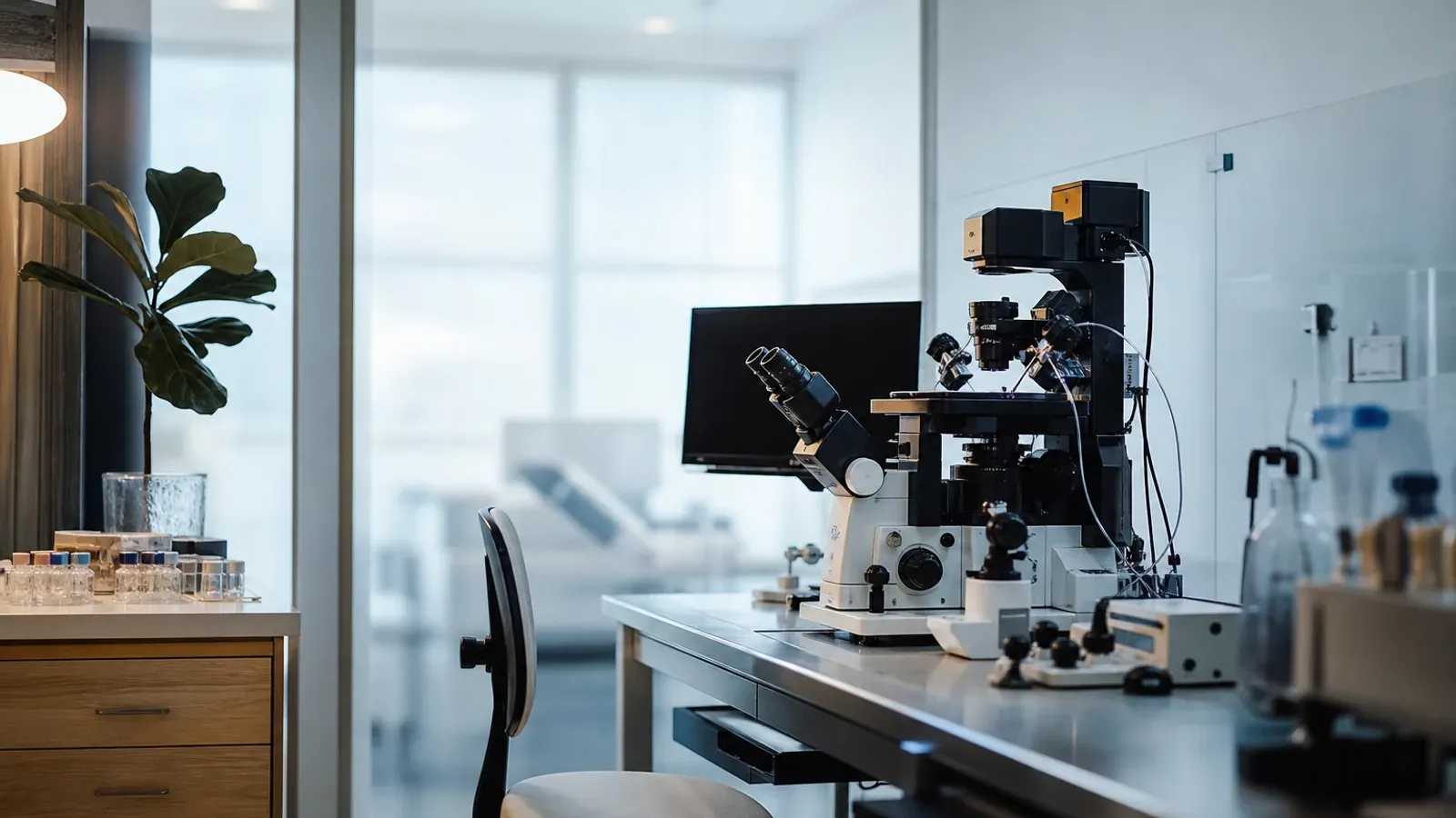 Poste de travail dans un laboratoire de FIV éclairé par une lumière douce, évoquant différentes méthodes de fécondation sans détail médical explicite