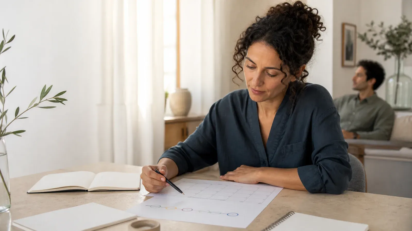 Woman reviewing a fertility-cycle calendar at home while considering treatment options