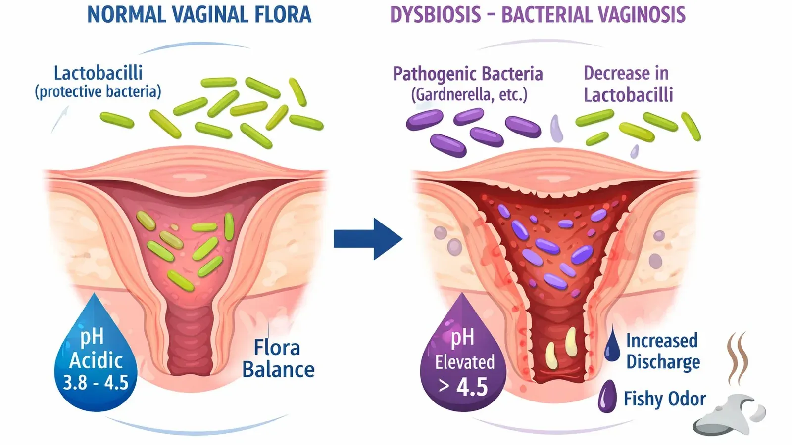 Comparaison entre une flore vaginale dominée par les lactobacilles et le profil souvent observé en cas de vaginose bactérienne, avec les plages de pH et les symptômes associés