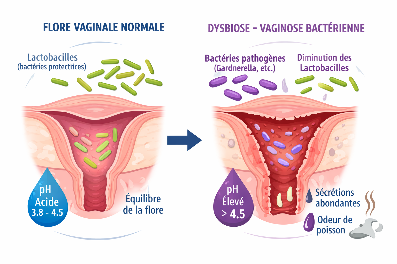 Illustration du microbiote vaginal normal avec lactobacilles et déséquilibre conduisant à la vaginose bactérienne.